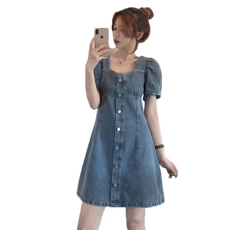 

Платье женское джинсовое с квадратным вырезом, модная повседневная шикарная одежда из денима с высокой талией, с пышными рукавами, большие размеры, на лето