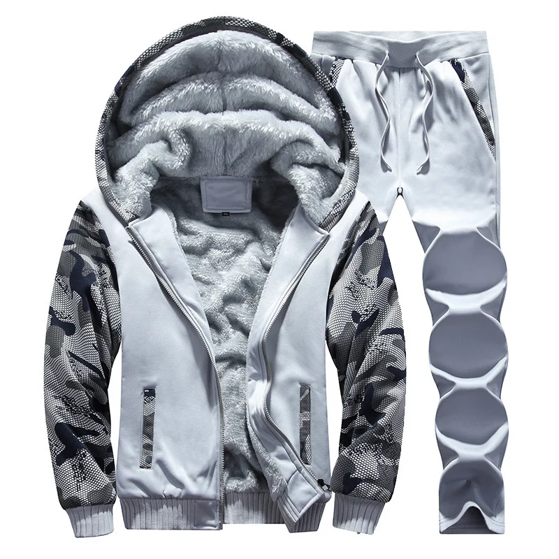 Осенне-зимний мужской спортивный костюм, куртка и джоггер, Прямая поставка от производителя, плюс бархатный толстый комплект для молодых мужчин с капюшоном, комплект из 2 предметов - Цвет: gray