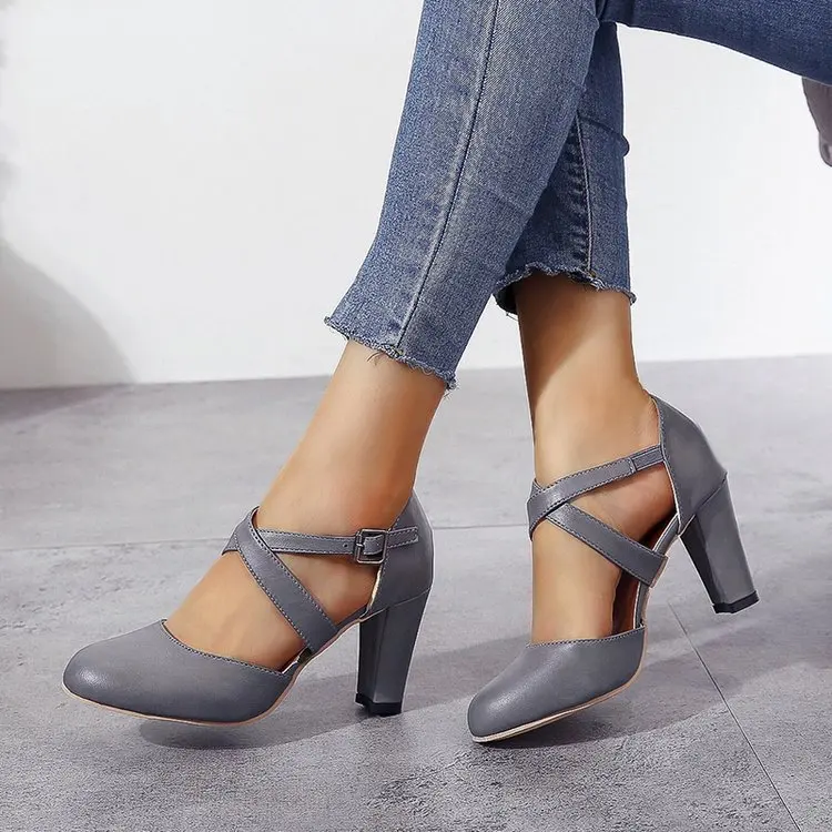 EOEODOIT/Женская обувь на высоком каблуке; кожаная обувь; модная обувь на квадратном каблуке с круглым носком; кожаная обувь в стиле ретро с ремнем размера плюс