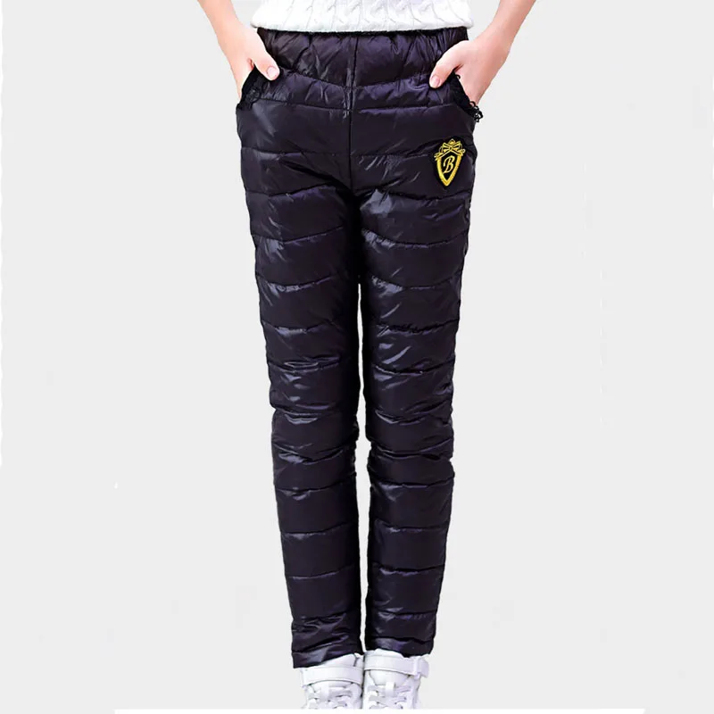 Высококачественные зимние штаны для мальчиков; однотонные Детские Пуховые брюки; повседневные теплые брюки для девочек-подростков; ветрозащитные леггинсы для детей 3-16 лет - Цвет: Black 923a