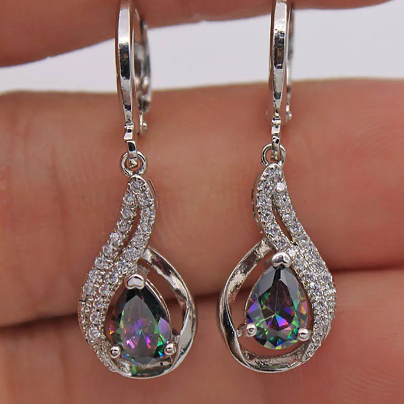 Bague Ringen модные серебряные 925 ювелирные изделия Радуга топа камень серьги для женщин капли воды форма Висячие серьги высокое качество - Цвет камня: Многоцветный