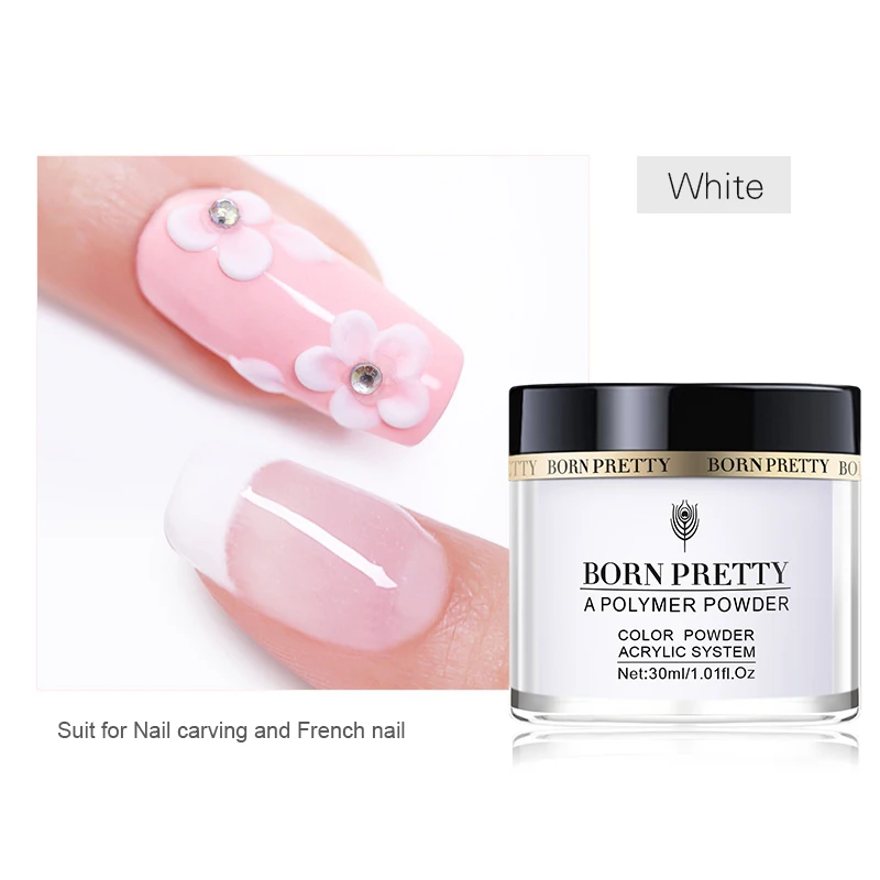 30ml White BORN PRETTY 30ml Acrylic Powder Carving Nail Polymer Tip Extension French Pink White Clear Adhesive Rhinestone Nail Art Powder - Цвет: 30ml White