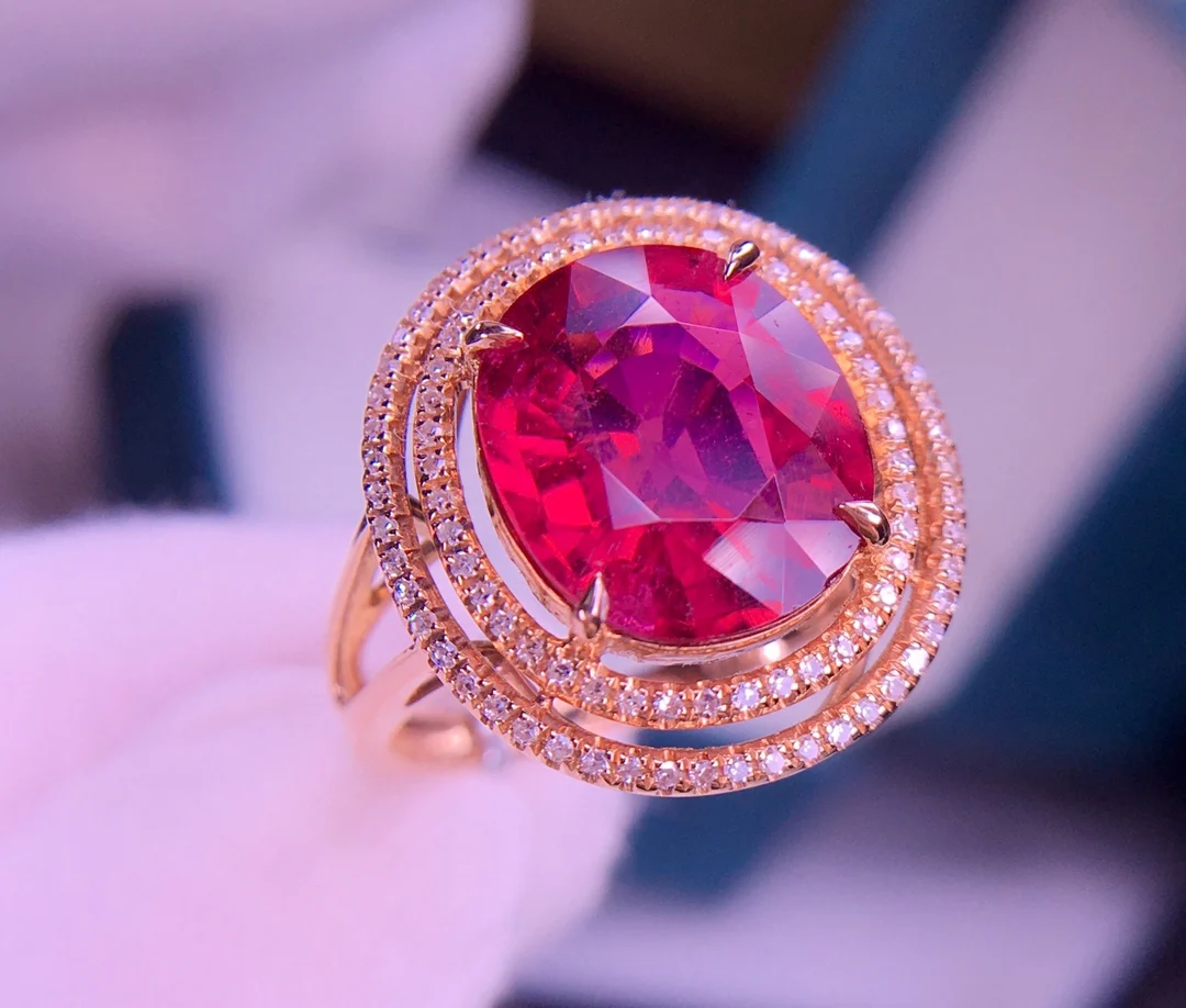 E422 Rubellite Ring Fine Jewelry Pure 18k Gold Natural Tourmaline 5.5ct Gemstones Diamonds Gift