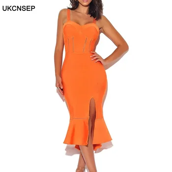 

UKCNSEP Sexy Bandage Dress Women 2020 New Straps V Neck Mesh Patchwork Hollow Out Elegant Bodycon Dress Evening Party Dress