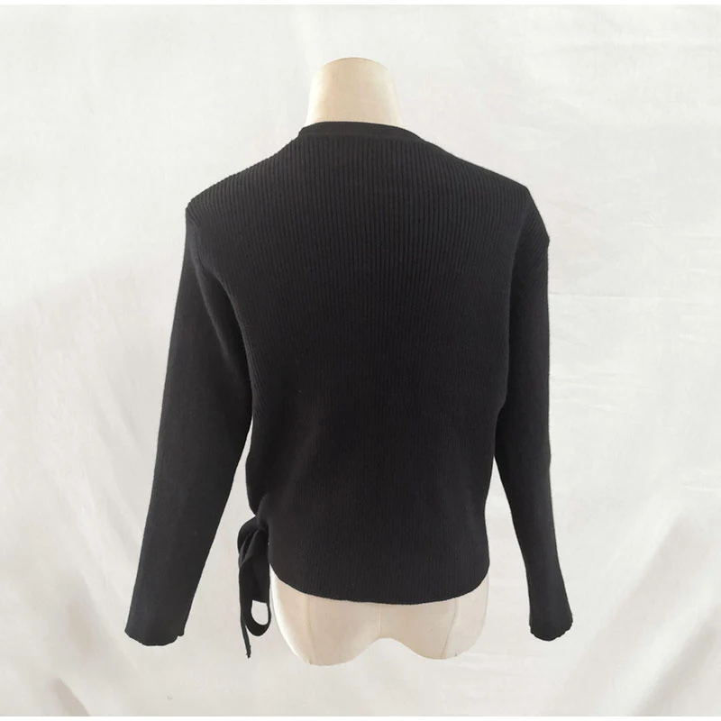 Трикотажное эластичное женский свитер с v-образным вырезом, длинный рукав, однотонный, со шнуровкой, трикотажные кардиганы, Осенние, повседневные, черные, женксие кофты