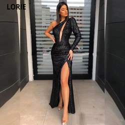 LORIE One Shoulder Sequined Evening Dresses Mermaid Black Long Formal Sexy Prom Party Gowns Viatge with High Split Plus Size