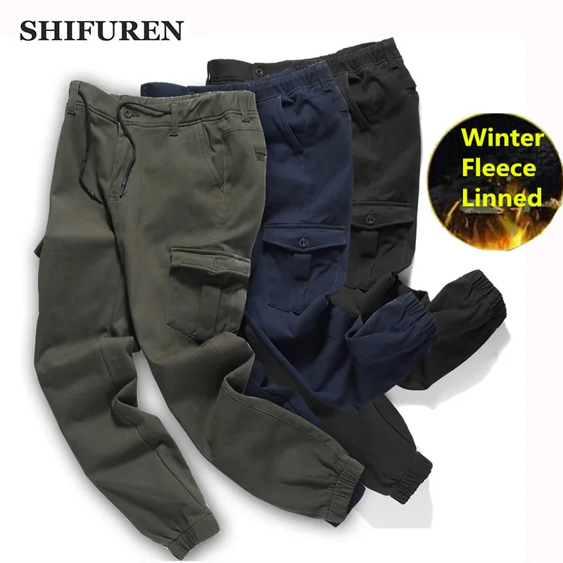 

SHIFUREN Winter Men Cotton Cargo Pants Thicken Warm Fleece Elastic Waist Full Length Male Casual Baggy Tactical Trousers