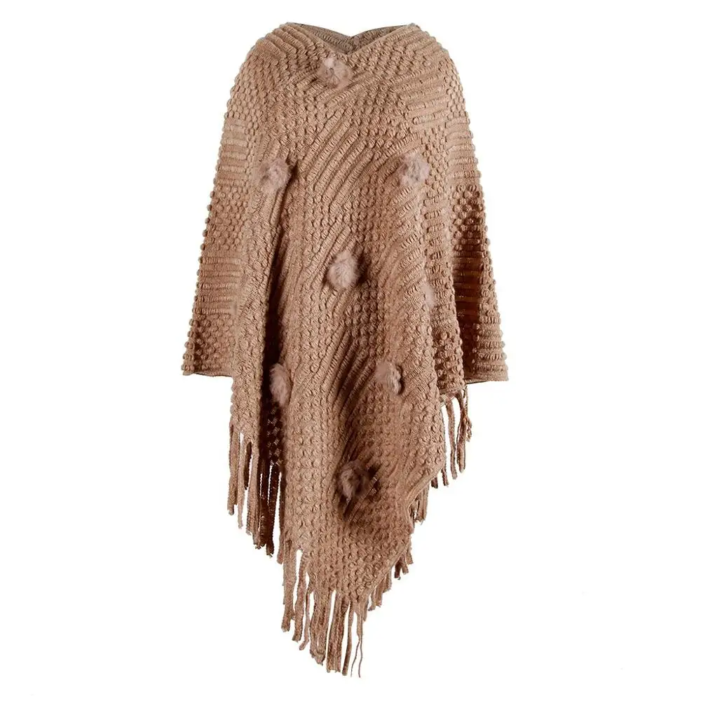 Women Winter Sweater V-Neck Solid White Black Red Hairball Tassel Loose Knitted Cloak Shawl Sweater Women Sweater Chompas Mujer