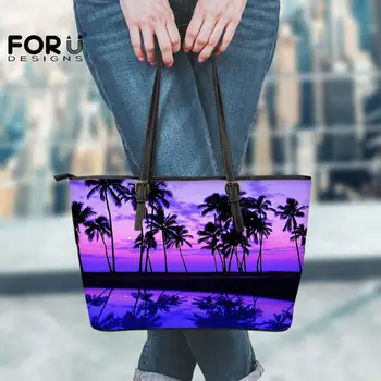 

FORUDESIGNS Female Leather Tote Handbags Tropical Palm Tree Beach Print Hawaii Style Ladies Tote Bags Big Capacity Zipper Purple