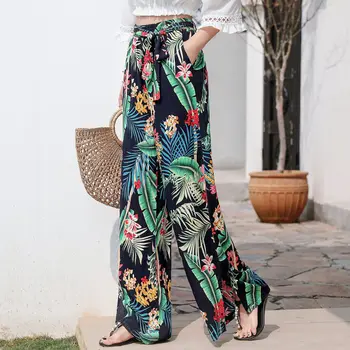 

New cotton silk wide-leg pants women's summer thin printed beach pants with pockets loose long trousers pantalones de mujer
