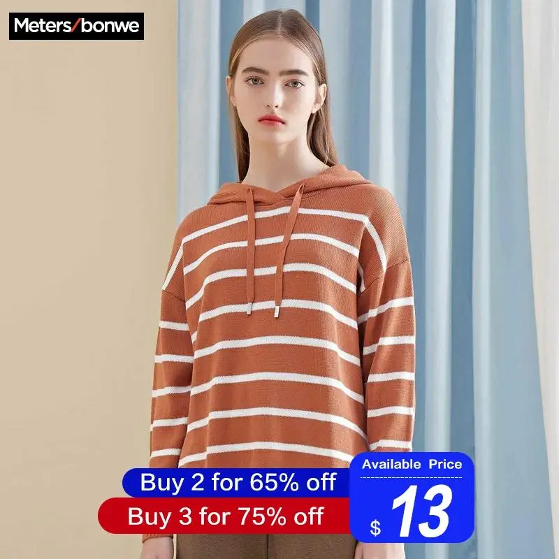 Metersbonwe, хлопок, вязаный свитер для женщин, с капюшоном, в полоску, пуловеры, Осень-зима, базовые женские свитера, облегающие