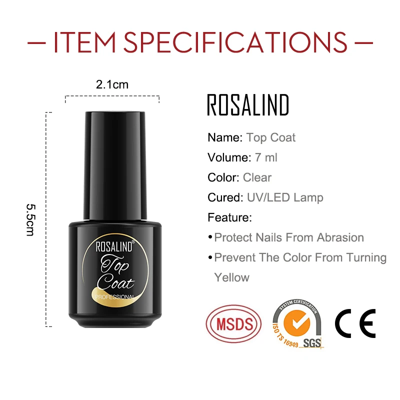 ROSALIND Top Coat Gel Nail Polish Long Lasting Transparent Protect Nails Surface keep Nail Art Desgin Gel Varnish UV LED 5