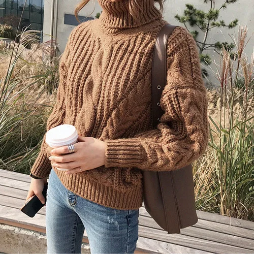 Brown Вязаная водолазка короткий свитер женский толстый Топ Femme осенний Женский Пуловер женский свитер свободный Женский пуловер - Цвет: Brown