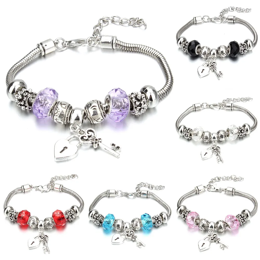 Bracelet Jewelry Vintage Original Heart-Shaped Key Lock Charm Bracelets for Women Rhinestone Beads Bracelet & Bangle DIY Jewelry Gifts