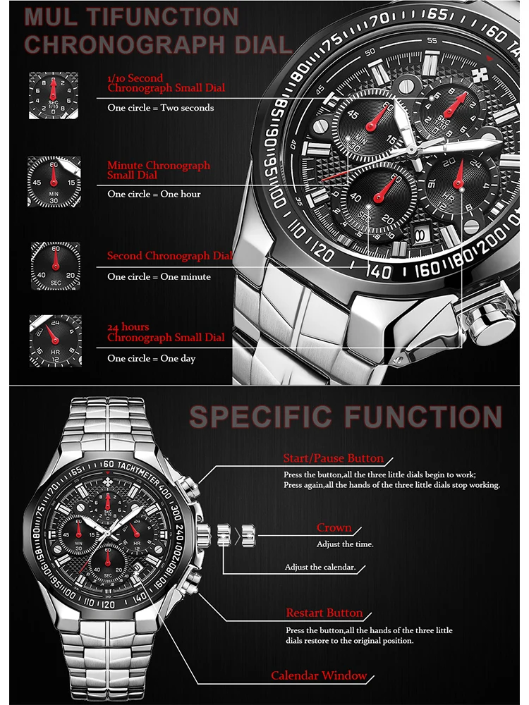 Sports Watches For Men Fashion Quartz Men Big Clock WWOOR Top Brand Luxury Military Full Steel Waterproof Chronograph Wristwatch - 3