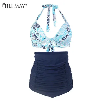 

JLI MAY Print Blue Bikinis Sets Women Sexy High Waist Wire Free Swimwear Bowknot Halter Push Up Slim Beachwear