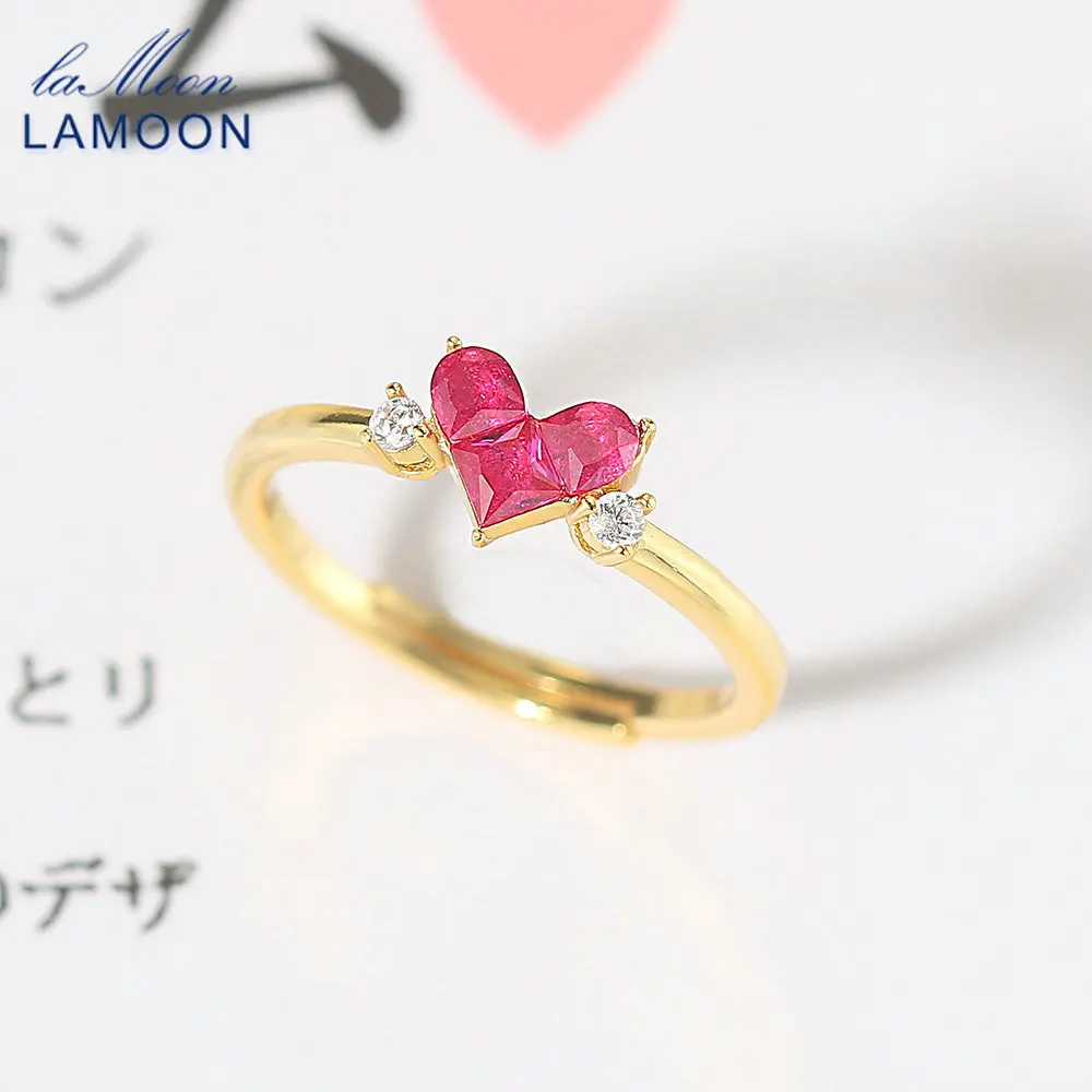 LAMOON 귀여운 Sweety 하트 925 실버 반지 여성용 합성 커런덤 14K 골드 도금 파인 쥬얼리 선물 일본식 LMRI151 