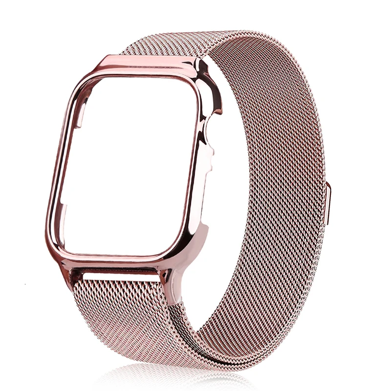 rose pink Чехол из поликарбоната с Миланской петлей для apple watch 44 мм, 40 мм, ремешок 44 мм, iwatch Series 5, 4, 3, 2, 1, 38 мм, 42 мм, металлический ремешок из нержавеющей стали - Цвет ремешка: rose pink