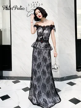 

Black And White Mermaid Evening Dresses Long Elegant Off The Shoulder Floor-length Lace Prom Gowns 2020