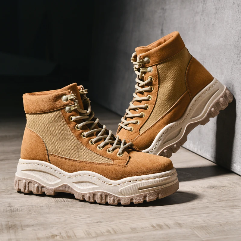 Men's Casual Shoes Lace-up Flat Casual Shoes Breathable Comfortable High Top Sneakers Four Seasons Men Classics pu Shoes K5-61 - Цвет: Коричневый