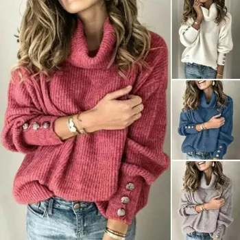 

Funnel Neck Button Sweater Women off the Shoulder Soild Winter Warm Basic Casual Knitted Loose Long Sleeve Pullovers Sweaters