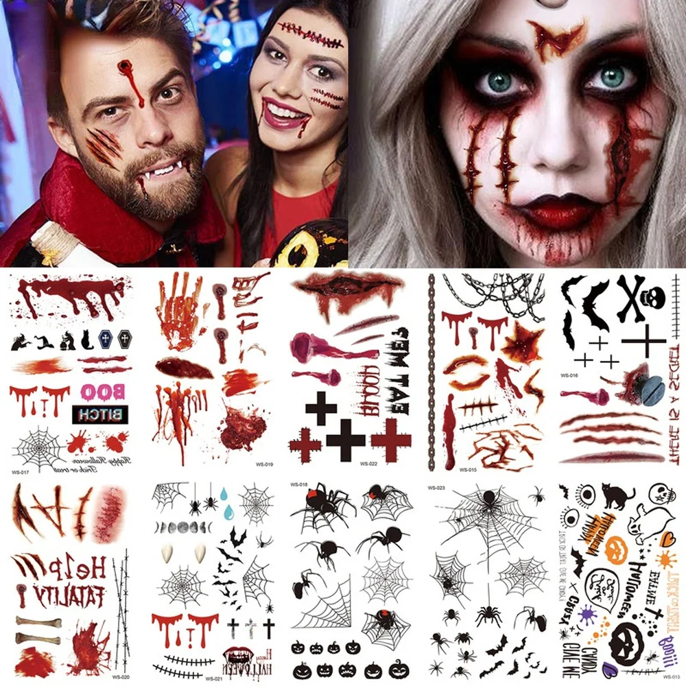 Halloween Waterproof Temporary Tattoos Stickers Zombie Scar Tatto with Bloody Makeup Wounds Decoration Wound Scary Blood Sticke tattoo sticker,temporary tattoos