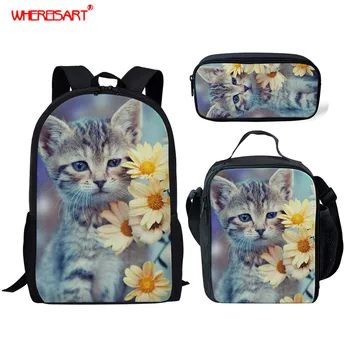 

WHEREISART 3Pcs Cat Cute School Bag School Backpacks for College Students Cartoon Design Big Capacity Book Bags wIth Pencil Box