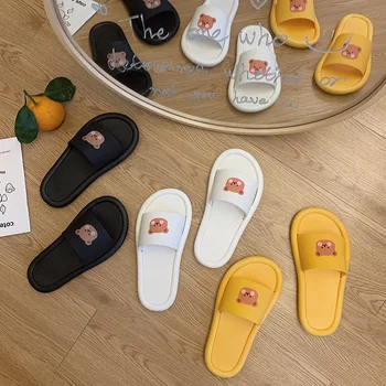 

Lovely Women Summer Slippers Cute Cartoon Bear Couples Beach Slippers Solid Casual Wear Outside Non-slip Women Slides Shoes