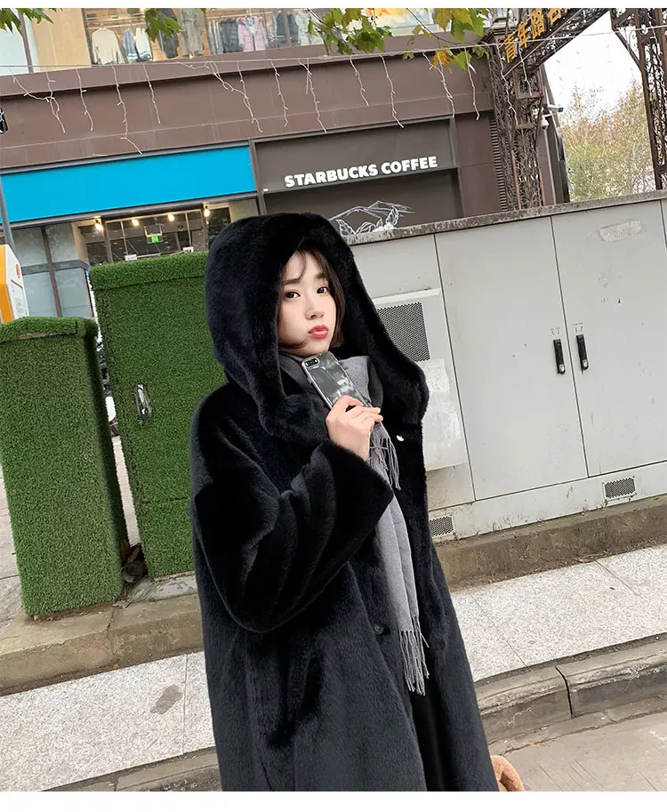 Женский японский стиль зимний искусственный мех норки длинное плотное пальто на молнии карманы Обычная искусственная кожа полный с капюшоном