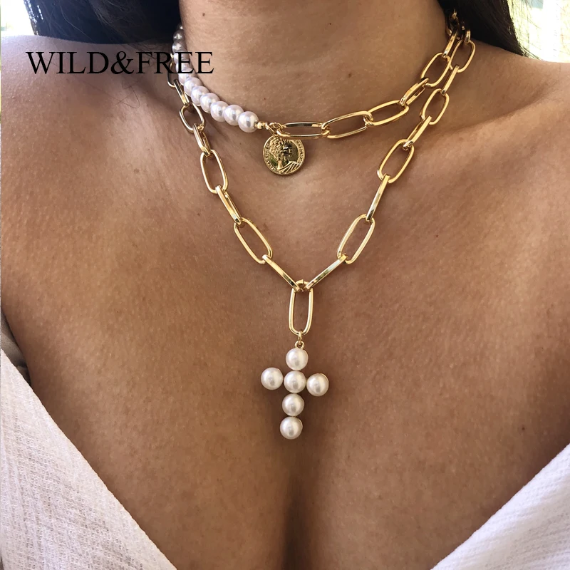 Wild&ampFree Punk Multi Layered Pearl Choker Necklace Statement Chain Virgin Mary Coin Cross Pendant Collar Women Jewelry | Украшения и