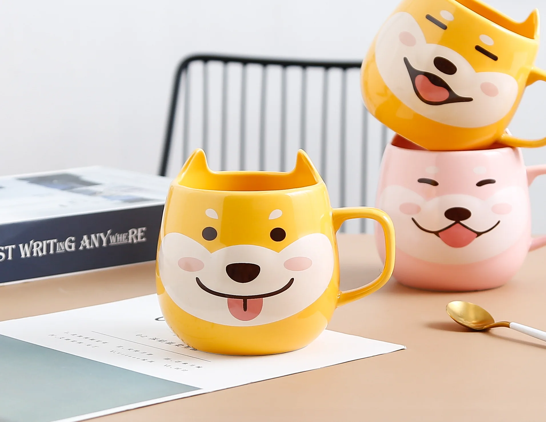 

Ceramic mug Cute dog pot-bellied cup Breakfast milk cup with spoon