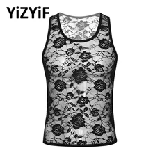 Женское белье, мужские майки без рукавов, прозрачные, прозрачные, u-образный вырез, без рукавов, эластичные, цветочные кружева, облегающий мышцы, футболка, майка, майка