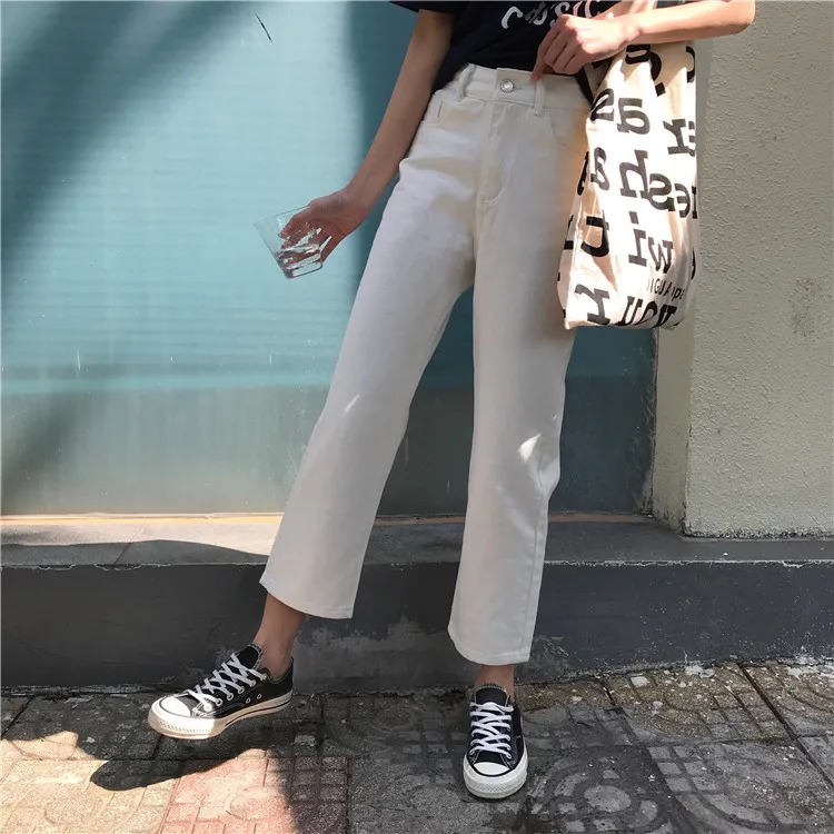 Black High Waist Jeans Women Ankle-length Solid Simple All Match Harajuku Vintage Womens Trousers Korean Fashion Females Pockets