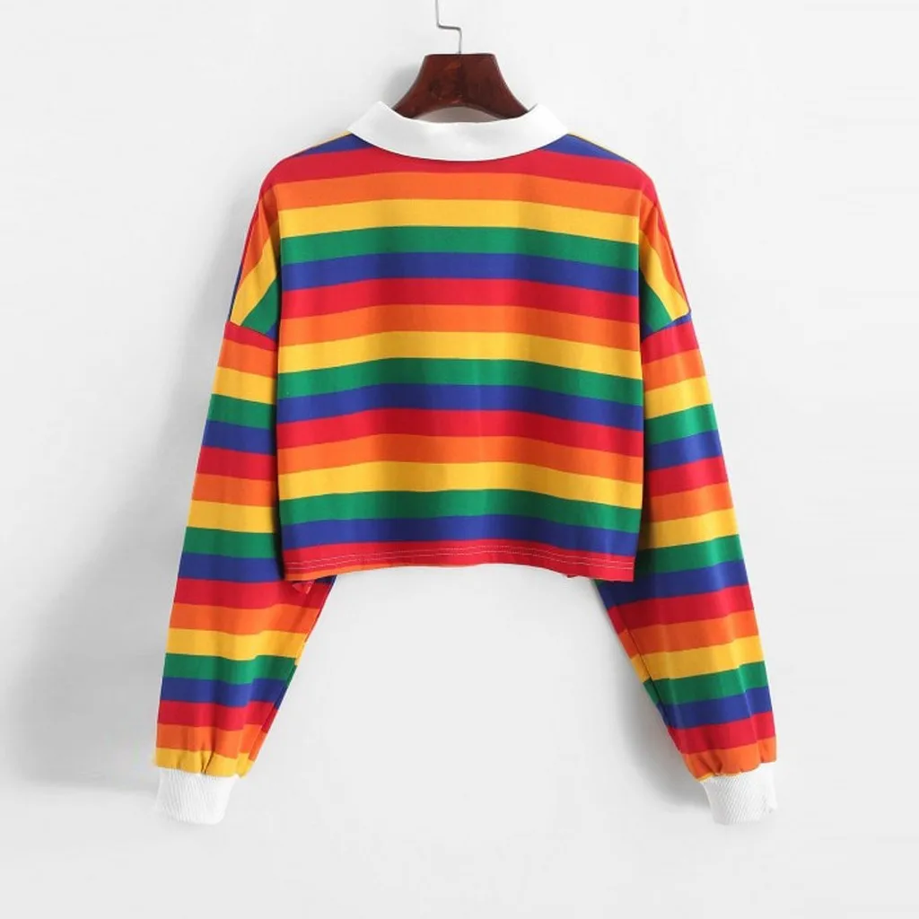  Contrast Striped Rainbow Half Button Crop Sweatshirt Short Polo Shirt Long Sleeve Women Shirts Autu