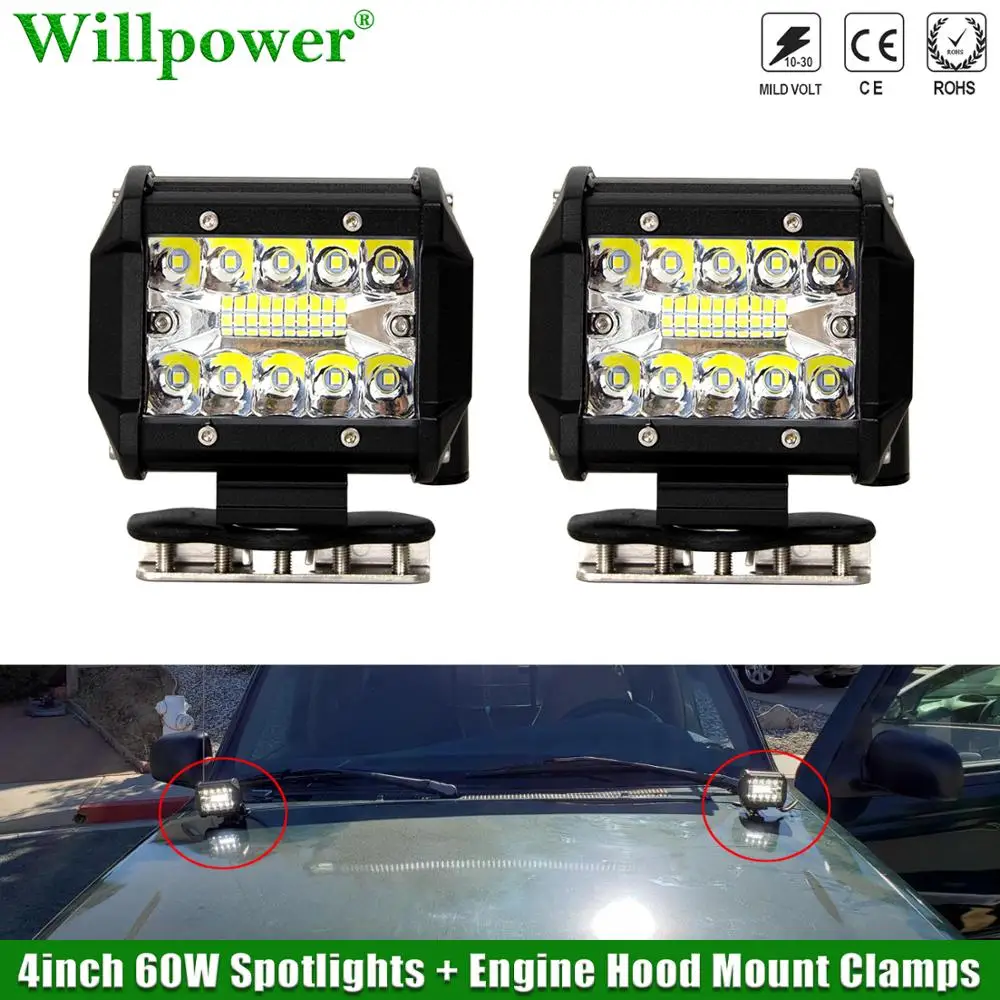 

SUV Car Engine Hood 60W 4" Spotlights LED Work Light Pods + Mount Clamps Offroad 4X4 Truck Pickup Driving Fog Lamp