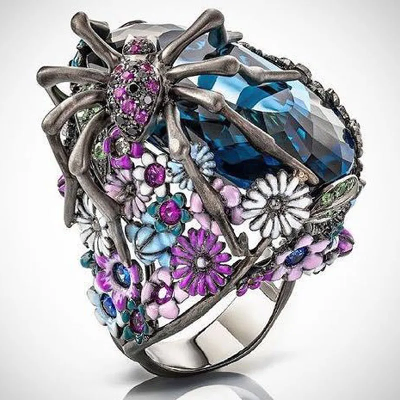 

LETAPI 925 Silver Statement Blue Crystal Ring Spider Flower Wedding Ring for Woman