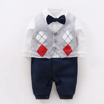 

Kids Boys Bodysuit With Bowknot Newborn Clothes Infant Baby Jumpsuit Gentleman Fake 2 Piece Design Long Sleeve Rompers