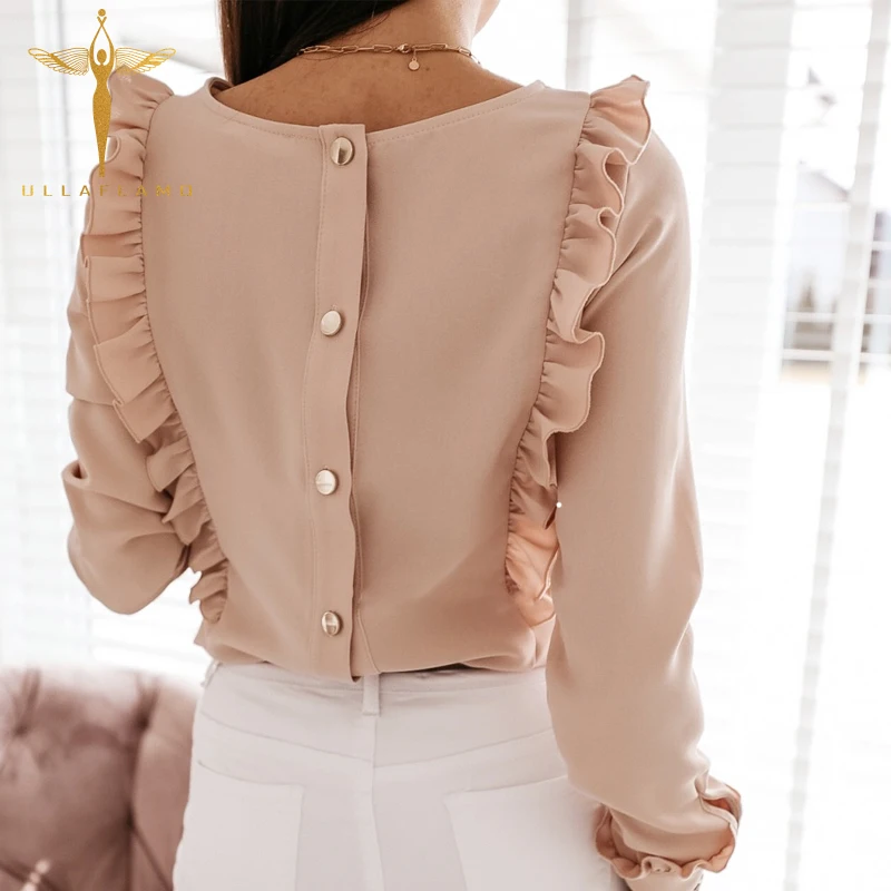 

Ruffle Solid Women T Shirt Pleated Trim Back Button Cardigan Tops Shirts Elegant Office Lady Long Sleeve Female T Shirt Clothing