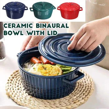 

Ceramic Color Glazed Double Ear Bowl With Lid Stew Breskfast Steamed Egg Pudding Bowl Baking Bowl Kitchen Supply