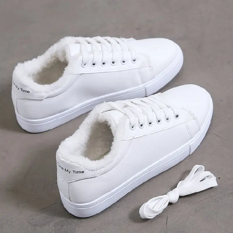 TAOFFEN Hot Sale Women White Shoes Vulcanized Sneakers Warm Casual Women Shoes Winter Fur Fashion Shoes Lady Footwear Size 35-39