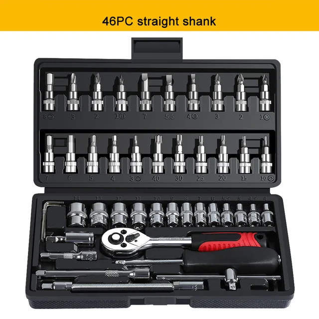 53pc1/4"Car Motorcycle Repair Tool Ratchet Wrench Set Drive Socket Spanner Kit Batch Head Screwdriver Socket Set DIY Toos - Color: 46pc black