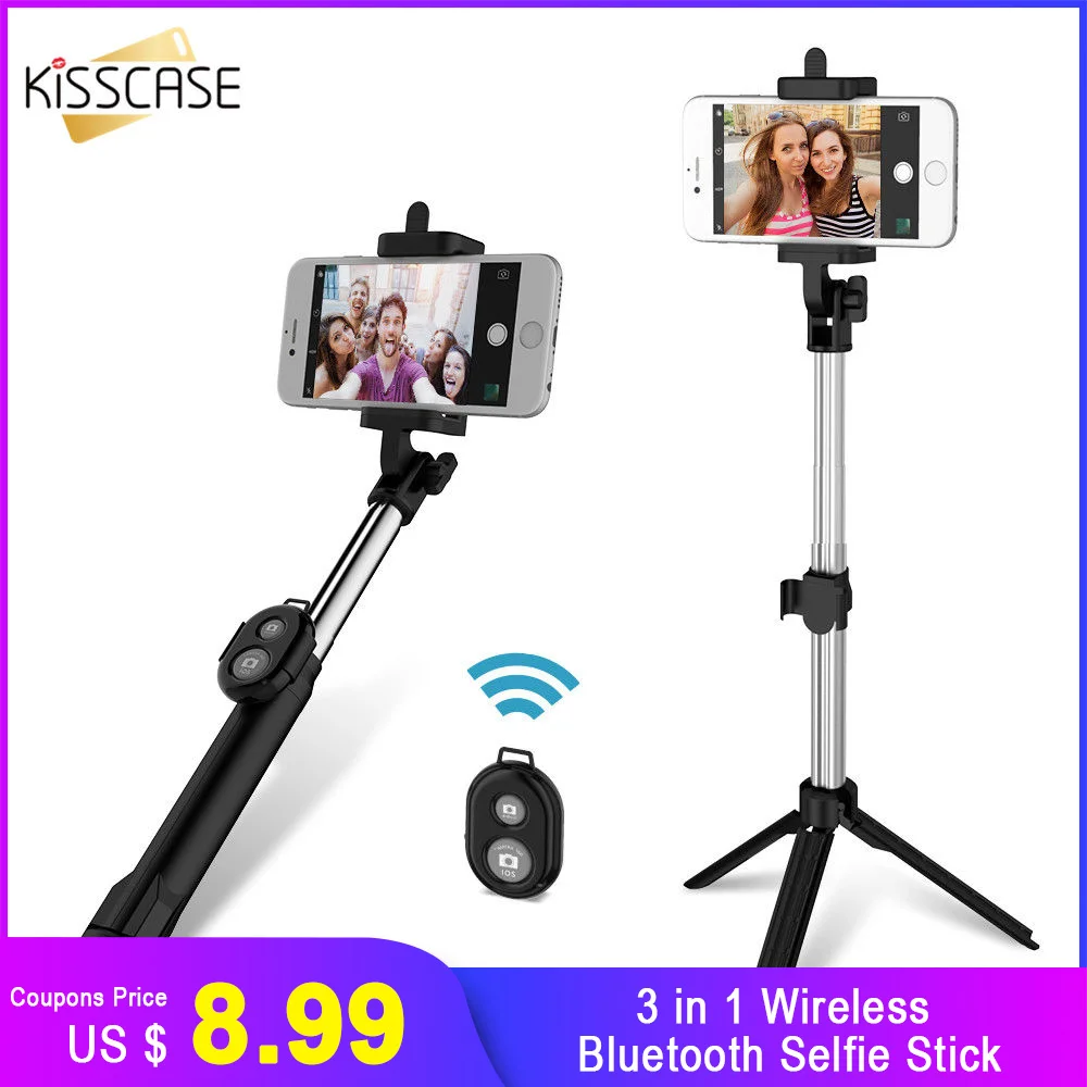 

KISSCASE 3 in 1 Wireless Bluetooth Selfie Stick Mini Remote Control Selfie Tripod For iPhone XS Max XR XS 8 7 Portable Monopod