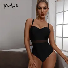 Romwe Sporty Contrast Mesh Underwire One Piece Swimsuit Women Solid Push Up Swimsuit 2020 Ladies Black Monokini Swimwear