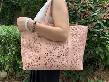 

Pink Hollow Out Shoulder Bag PU Tote Handbag Large Capacity Shopping Bag Mummy Bag