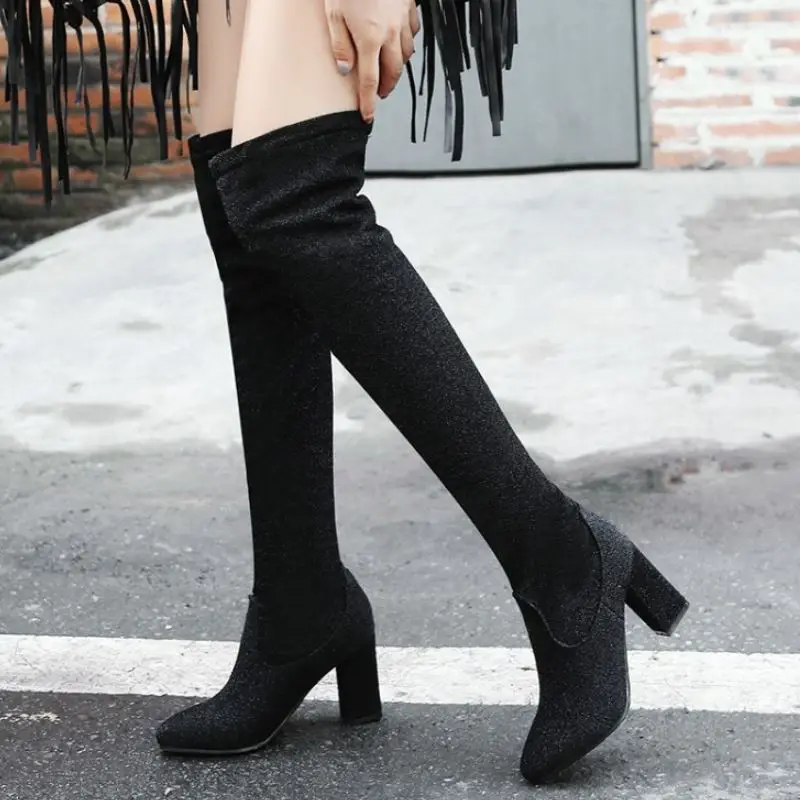 Haoshen&Girl Women Over the Knee High Boots Sequi Special fabric Stretch boots High Heel Thin High Boots Winter Shoes Size 10.5