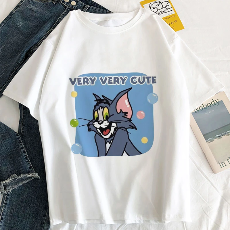 NOVEDAD DE VERANO Ulzzang Harajuku Kawaii muy carta impresión gato Tom Tops camiseta de moda suelta cuello camiseta|Camisetas| - AliExpress