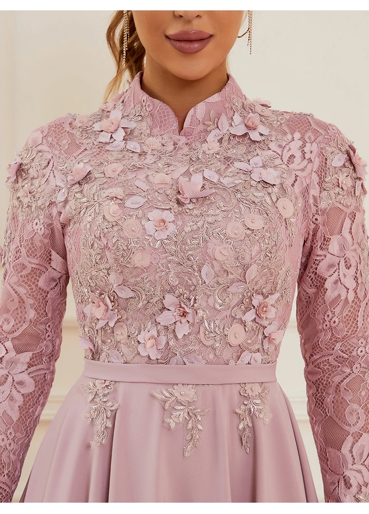 Long Sleeve Muslim Formal Dresses Pink Vintage High Neck Luxury Lace Appliques Spandex Satin Evening Dresses With Train