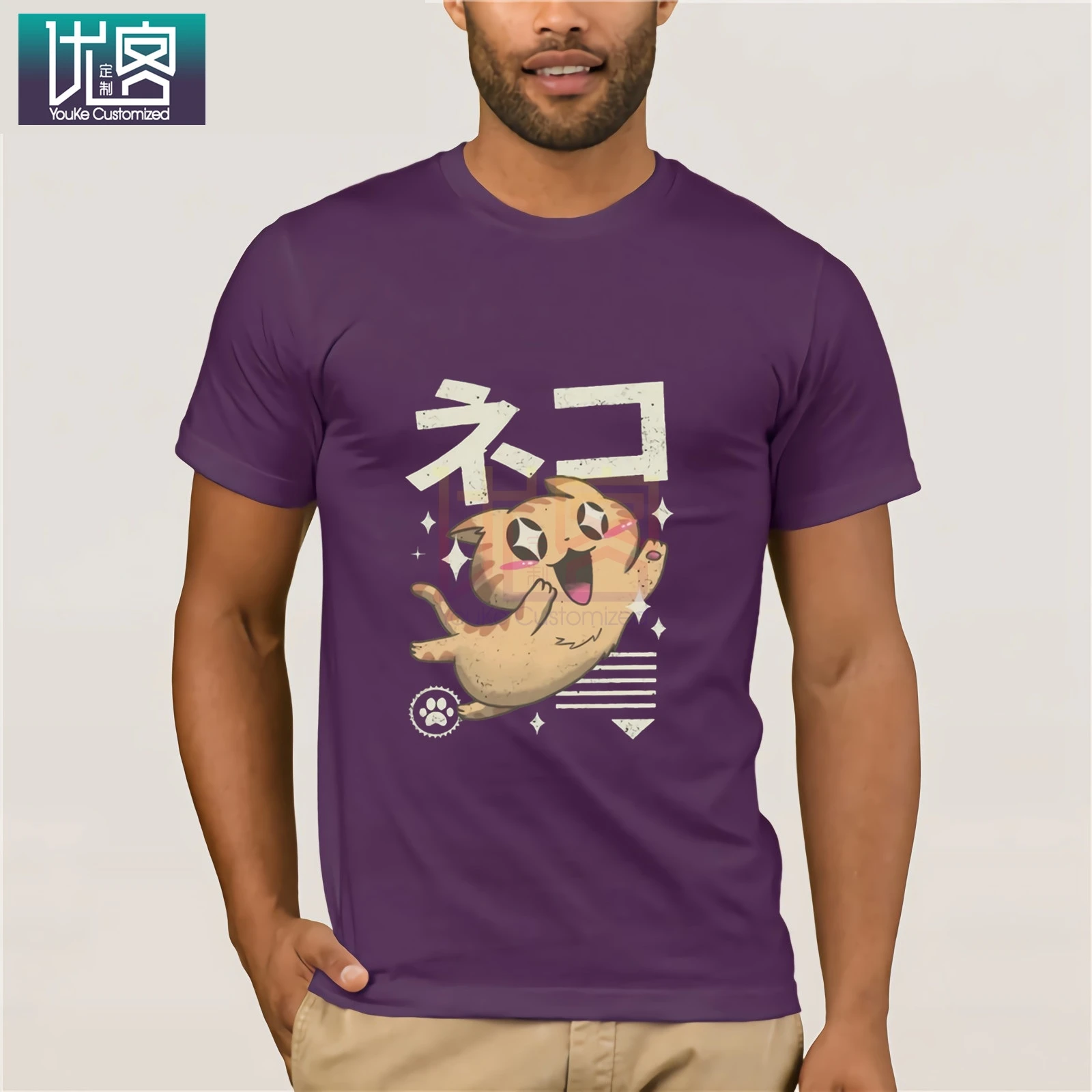 Kawaii Feline, Мужская футболка с милыми животными, японская Винтажная футболка, футболка с коротким рукавом и круглым вырезом, футболка из чистого хлопка размера плюс, одежда - Цвет: purple