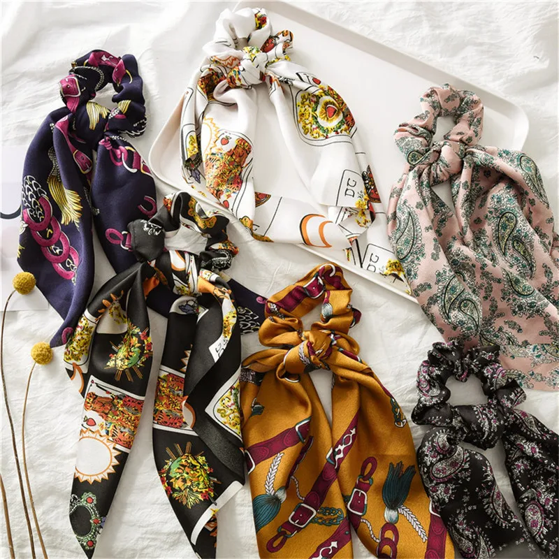 Fashion Summer Flower Print Elastic Hair Rope 1PCS Newest Unique Bowknot Scarf Ponytail Girls Seaside Gifts Hair Accessories