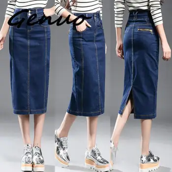 

Genuo New 2020 Denim Skirt Women Plus Size Casual High Waist Denim Skirts Pencil Patchwork Stretch Slim Hip Jean Skirt Long
